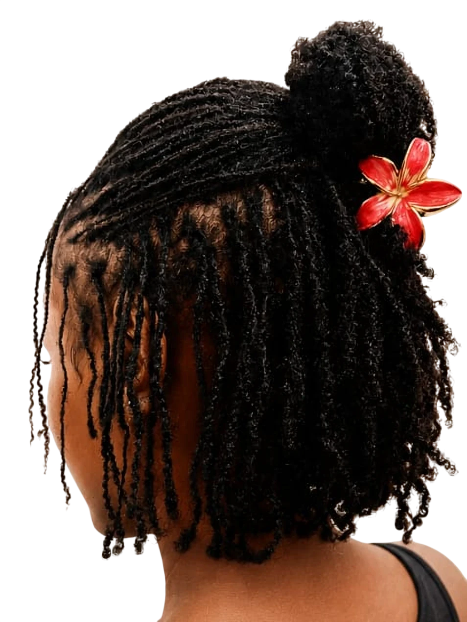 Micro locs styled half-up into a bun with a red flower